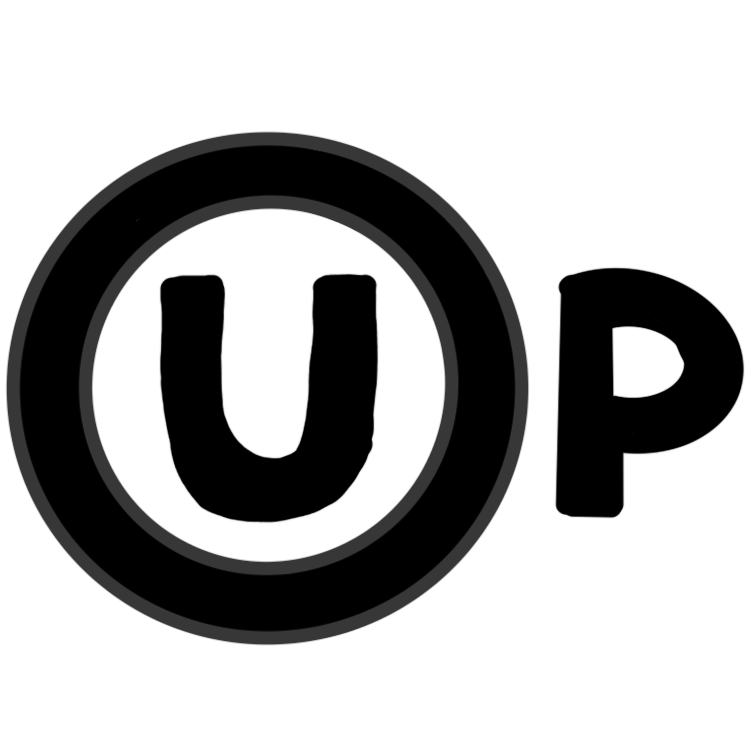 A black circle that is outlined in gray. In the center of the circle is a U. Outside of the circle to the right is a black P.